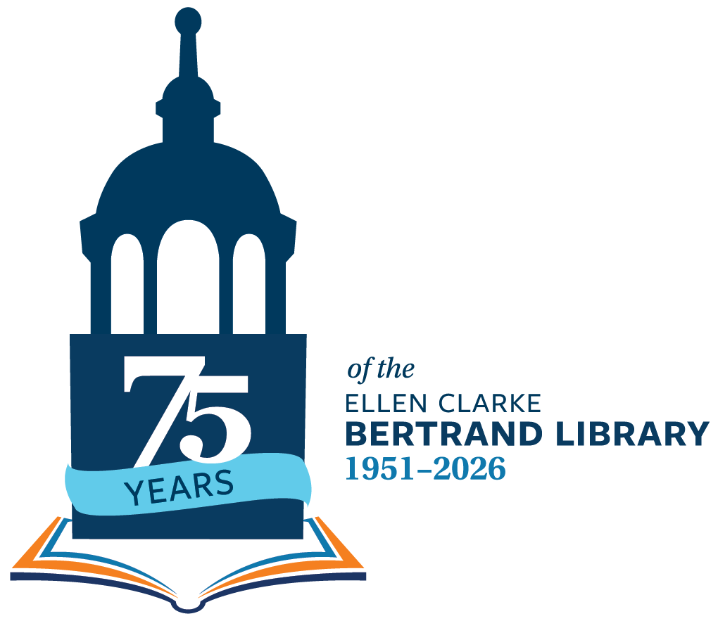 The Bertrand Library clock tower logo with the words, "75 years of the Ellen Clarke Bertrand Library, 1951-2026"